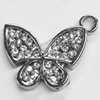 Zinc Alloy Charm/Pendant with Crystal, Butterfly, 22x17mm, Sold by PC