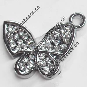 Zinc Alloy Charm/Pendant with Crystal, Butterfly, 22x17mm, Sold by PC