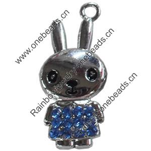 Zinc Alloy Charm/Pendant with Crystal, Rabbit, 13x31mm, Sold by PC