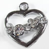 Zinc Alloy Charm/Pendant with Crystal, Heart, 15x18mm, Sold by PC