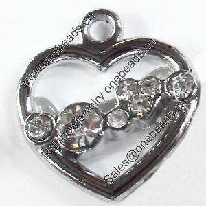 Zinc Alloy Charm/Pendant with Crystal, Heart, 15x18mm, Sold by PC