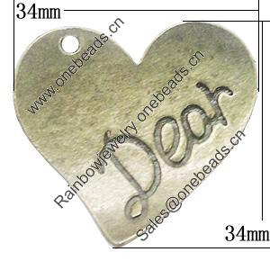 Pendant, Zinc Alloy Jewelry Findings, Heart 34x34mm, Sold by Bag