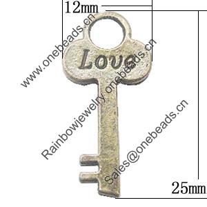 Pendant, Zinc Alloy Jewelry Findings, Key 12x25mm, Sold by Bag