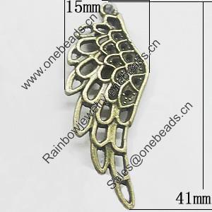 Pendant, Zinc Alloy Jewelry Findings, Wings 15x41mm, Sold by Bag