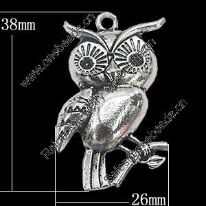 Pendant, Zinc Alloy Jewelry Findings, Owl 26x38mm, Sold by Bag