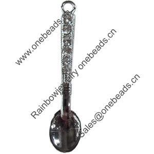 Zinc Alloy Charm/Pendant with Crystal, Spoon, 10x53mm, Sold by PC