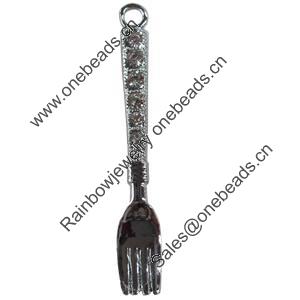 Zinc Alloy Charm/Pendant with Crystal, Fork, 8x53mm, Sold by PC