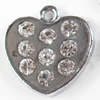 Zinc Alloy Charm/Pendant with Crystal, Heart, 15x16mm, Sold by PC