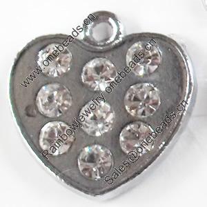 Zinc Alloy Charm/Pendant with Crystal, Heart, 15x16mm, Sold by PC