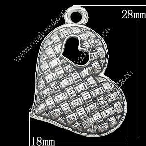 Pendant, Zinc Alloy Jewelry Findings, Heart 28x18mm, Sold by Bag