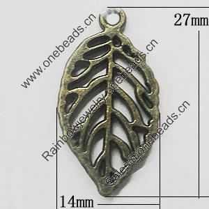 Pendant, Zinc Alloy Jewelry Findings, Leaf 14x27mm, Sold by Bag