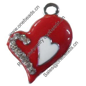 Zinc Alloy Enamel Pendant with Crystal, Heart, 15x22mm, Sold by PC