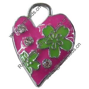 Zinc Alloy Enamel Pendant with Crystal, Heart, 15x22mm, Sold by PC