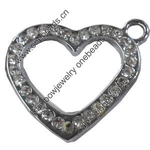 Zinc Alloy Charm/Pendant with Crystal, Heart, 23x20mm, Sold by PC