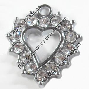 Zinc Alloy Charm/Pendant with Crystal, Heart, 16x20mm, Sold by PC