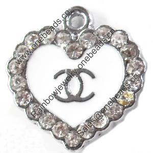 Zinc Alloy Charm/Pendant with Crystal, Heart, 17x18mm, Sold by PC