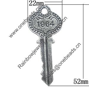 Pendant, Zinc Alloy Jewelry Findings, Key 22x52mm, Sold by Bag