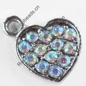 Zinc Alloy Charm/Pendant with Crystal, Heart, 13x12mm, Sold by PC
