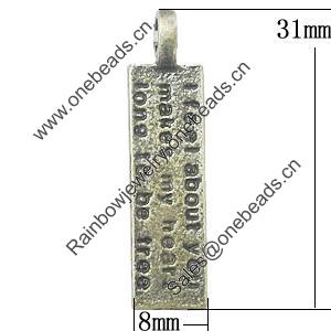 Pendant, Zinc Alloy Jewelry Findings, Rectangle 8x31mm, Sold by Bag