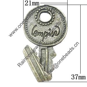 Pendant, Zinc Alloy Jewelry Findings, key 21x37mm, Sold by Bag