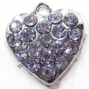 Zinc Alloy Charm/Pendant with Crystal, Heart, 19x20mm, Sold by PC