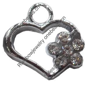 Zinc Alloy Charm/Pendant with Crystal, Heart, 15x15mm, Sold by PC