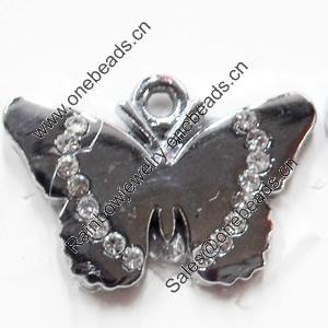 Zinc Alloy Charm/Pendant with Crystal, Butterfly, 25x18mm, Sold by PC
