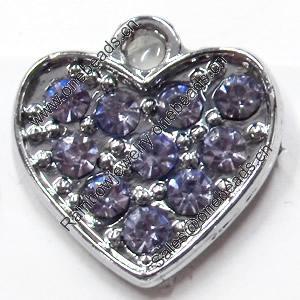 Zinc Alloy Charm/Pendant with Crystal, Heart, 16x16mm, Sold by PC