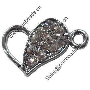 Zinc Alloy Charm/Pendant with Crystal, Heart, 16x11mm, Sold by PC