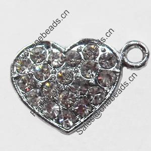 Zinc Alloy Charm/Pendant with Crystal, Heart, 17x12mm, Sold by PC