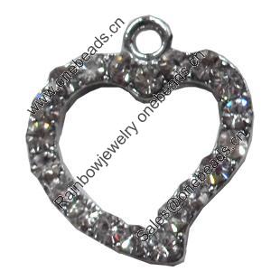 Zinc Alloy Charm/Pendant with Crystal, Heart, 17x18mm, Sold by PC