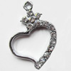 Zinc Alloy Charm/Pendant with Crystal, Heart, 18x25mm, Sold by PC