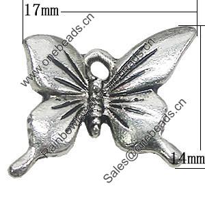 Pendant, Zinc Alloy Jewelry Findings, Butterfly 17x14mm, Sold by Bag