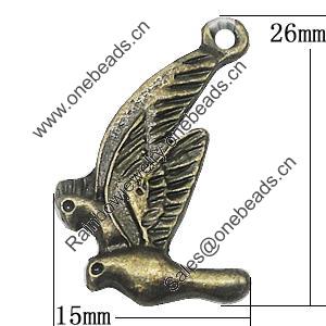 Pendant, Zinc Alloy Jewelry Findings, Bird 15x26mm, Sold by Bag