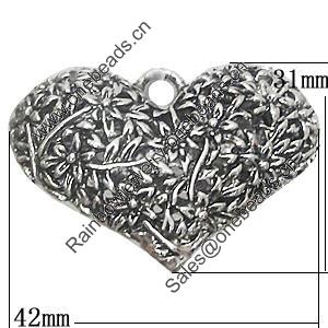 Pendant, Zinc Alloy Jewelry Findings, Heart 42x31mm, Sold by Bag