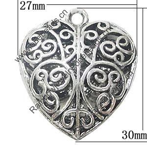 Pendant, Zinc Alloy Jewelry Findings, Heart 27x30mm, Sold by Bag