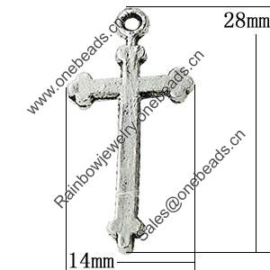 Pendant Zinc Alloy Jewelry Findings Lead-free, Cross 14x28mm Hole:1.5mm, Sold by Bag