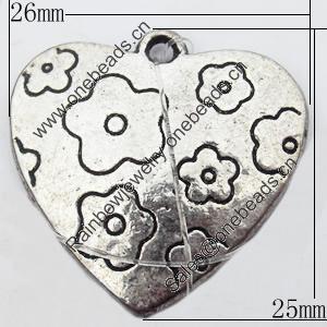 Pendant, Zinc Alloy Jewelry Findings, Heart, 26x25mm, Sold by Bag
