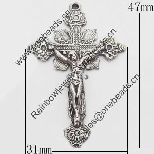 Pendant, Zinc Alloy Jewelry Findings, Cross, 31x47mm, Sold by Bag