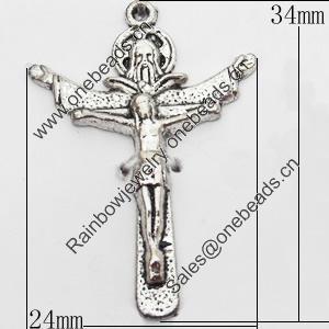 Pendant, Zinc Alloy Jewelry Findings, Cross, 24x34mm, Sold by Bag