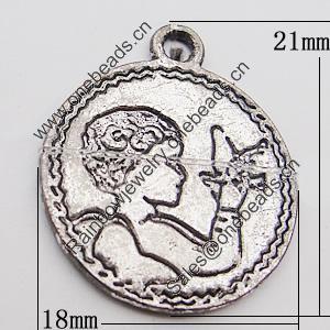 Pendant, Zinc Alloy Jewelry Findings, Flat Round 18x21mm Hole:2mm, Sold by Bag