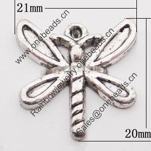 Pendant, Zinc Alloy Jewelry Findings, Dragonfly 21x20mm Hole:1.5mm, Sold by Bag