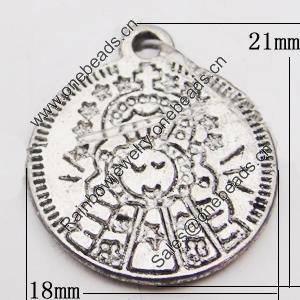 Pendant, Zinc Alloy Jewelry Findings Lead-free, Flat Round 18x21mm Hole:2mm, Sold by Bag