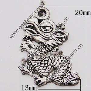 Pendant, Zinc Alloy Jewelry Findings Lead-free, Dragon 13x20mm Hole:1mm, Sold by Bag