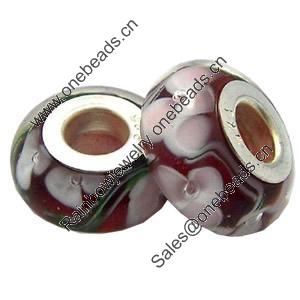 Lampwork Glass white Brass Plating Silver Beads, Rondelle, 6.8x13.5mm, Hole:4.5mm, Sold by PC