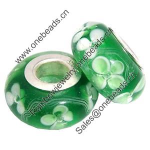 Lampwork Glass white Brass Plating Silver Beads, Rondelle, 6.8x13.5mm, Hole:4.5mm, Sold by PC