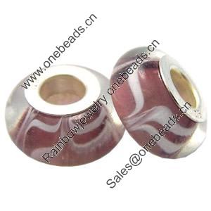 Lampwork Glass white Brass Plating Silver Beads, Rondelle, 6.8x13.5mm, Hole:4.5mm, Sold by PC