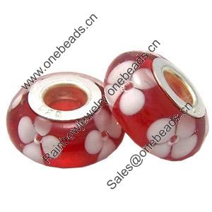 Lampwork Glass white Brass Plating Silver Beads, Rondelle, 6.8x13.5mm, Hole:4.5mm, Sold by PC