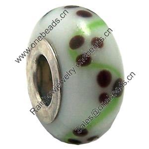 Lampwork Glass white Brass Plating Silver Beads, Rondelle, 6.8x13.5mm, Hole:4.5mm, Sold by PC