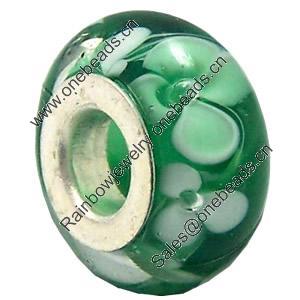 Lampwork Glass white Brass Plating Silver Beads, Rondelle, 6.8x13.5mm, Hole:4.5mm, Sold by PC